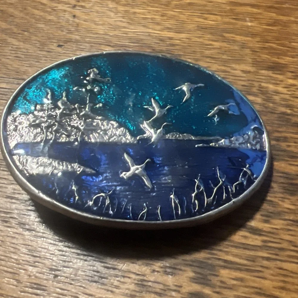 Vintage Flying Ducks Lake MultiColor Enameled Belt Buckle Unmarked #2031